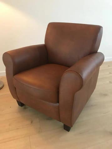 Fauteuil van leer met houten poten - bruin leer, Ophalen of Verzenden, Nieuw, Leer