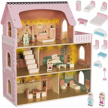 Kruzzel houten poppenhuis – 3 verdiepingen met meubels, L., Ophalen of Verzenden, Nieuw