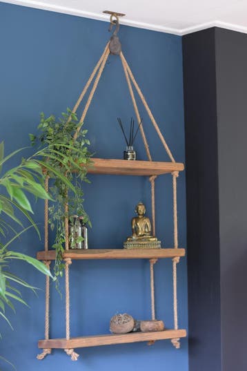 3-Laags Rustiek Houten Hangrek met Vintage Katrol - Naturel, Verzenden, Eigen ontwerp, Nieuw