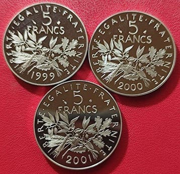 Frankrijk. 5 Francs 1999, 2000 et 2001 Semeuse (lot de 3