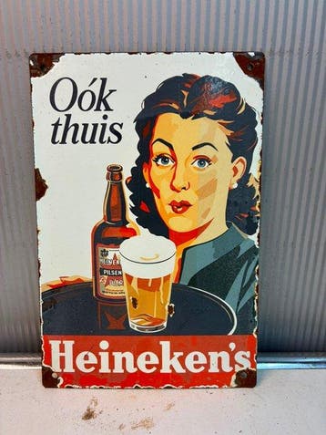 Heineken – Ook Thuis – Emaille Reclamebord - Emaille bord -, Antiek en Kunst