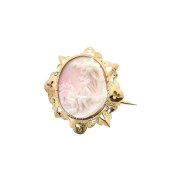 Antiek gouden broche met roze camee, Gebruikt, Ophalen of Verzenden, Roze, Met edelsteen