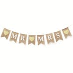 Jute banner met witte letters Mr en Mrs en 3 gouden harten, Verzenden, Nieuw, Versiering, Geboorte of Huwelijk