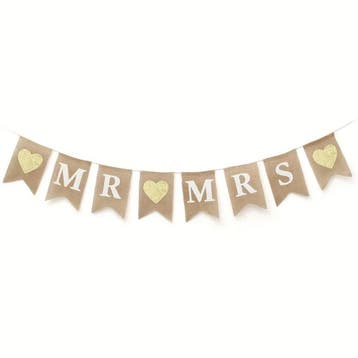 Jute banner met witte letters Mr en Mrs en 3 gouden harten, Hobby en Vrije tijd, Feestartikelen, Verzenden, Nieuw, Versiering