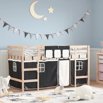 vidaXL Kinderhoogslaper met gordijnen 90x200 cm grenenhout, 90 cm, Eenpersoons, Verzenden, Zwart