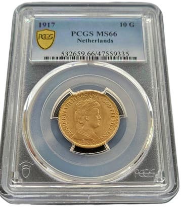 Gouden Wilhelmina 10 gulden 1917 MS66 gecertificeerd PCGS, Verzenden, Goud, Koningin Wilhelmina, Losse munt