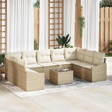 vidaXL Tuinbankenset 9 st Beige en Crème poly rattan, Verzenden, Nieuw, Meer dan 8 zitplaatsen
