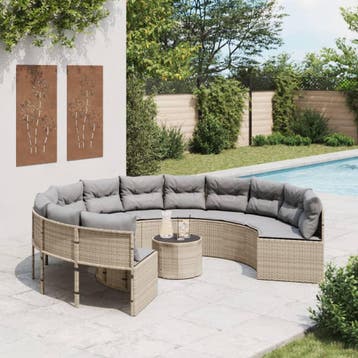 vidaXL Tuinbank met tafel en kussens rond poly rattan beige, Verzenden, Nieuw