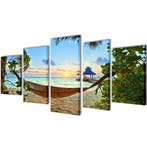 vidaXL Canvas muurdruk set zandstrand met hangmat 100 x 50, Huis en Inrichting, Woonaccessoires | Schilderijen, Tekeningen en Foto's