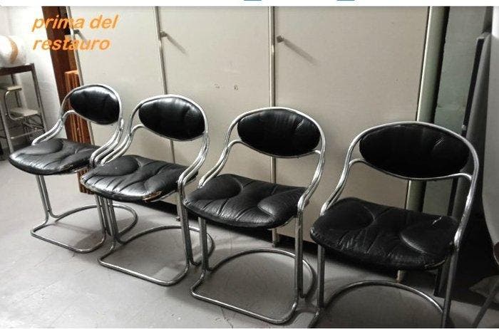 Eetkamerstoel - Staal, Synthetisch leder - Set van vier, Antiek en Kunst, Kunst | Designobjecten