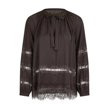 Marc Aurel • bruine blouse met kant • 36, Kleding | Dames, Verzenden, Nieuw, Maat 36 (S), Marc Aurel