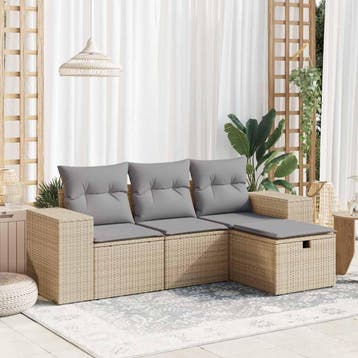 vidaXL 4-delige Loungeset met kussens poly rattan beige, Verzenden, Nieuw, Loungeset