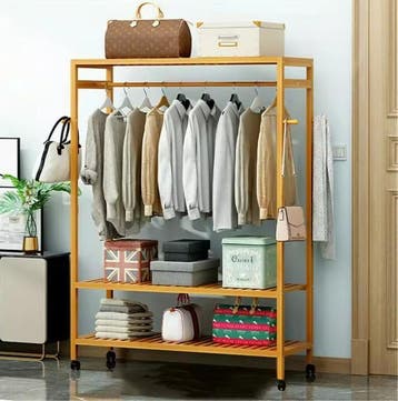 Bamboe Kledingrek met Haken, 3 Planken en Wielen – 165 cm, Verzenden, Nieuw