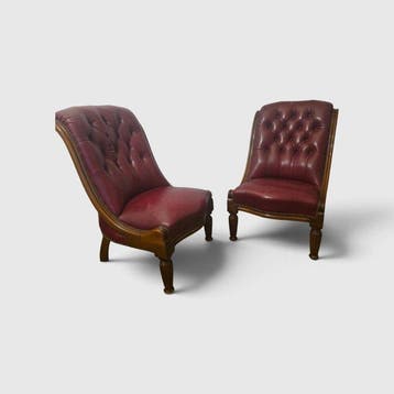 Fauteuil (2) - Leder, Hout - Paar leren fauteuils