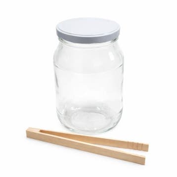 Glazen pot 1.7 liter met witte deksel en houten tang, Verzenden, Nieuw
