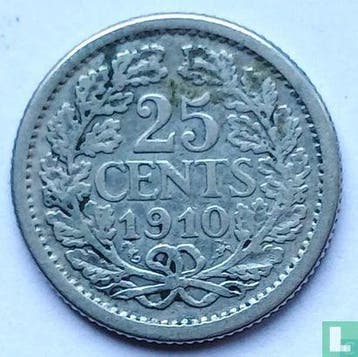Nederland 25 cents 1910, Verzenden, 5 cent, Losse munt, Goud