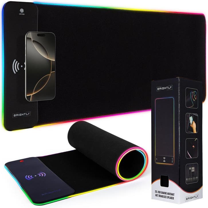 Brightly® 2-in-1 RGB Gaming Muismat XXL - Draadloze Oplader, Computers en Software, Muismatten, Gaming muismat, Nieuw, Verzenden