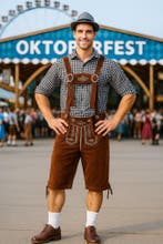 Grijs Oktoberfest Kostuum met Bruine Lederhosen - Maat S, Kleding | Heren, Ophalen of Verzenden, Nieuw, Maat 46 (S) of kleiner