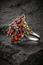 Zilver, Handgemaakt granaat bloemring 925 sterlingzilver