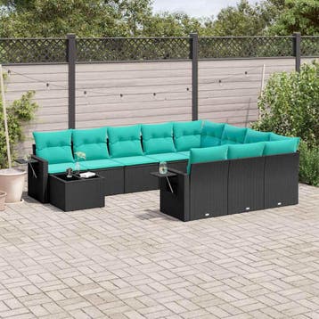 vidaXL 11-delige tuinbankset met kussens, zwart polyrotan, Verzenden, Nieuw