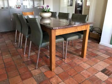 Set van 6 groene leren eetkamerstoelen - groen leer, Huis en Inrichting, Stoelen, Ophalen of Verzenden, Nieuw, Leer