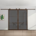Dubbele stalen schuifdeur - 3 Vlaks - Brons - Rook glas, 75 tot 150 cm, Nieuw, 150 tot 225 cm, Metaal