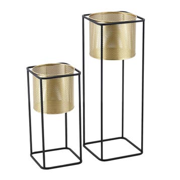 Bloempot op standaard Mettet set van 2 zwart en goud, Verzenden, Nieuw