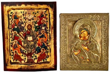 Icoon - Twee met de hand geschilderde iconen - Hout, Metaal