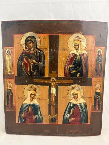 Icoon - Kruisiging van Christus, Antiek Russisch icoon met