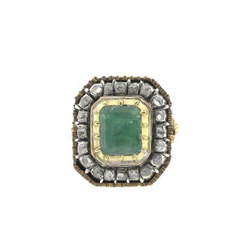 Gouden Victoriaanse ring met smaragd en roos geslepen dia..., Gebruikt, Ophalen of Verzenden, Kleiner dan 17, Met edelsteen