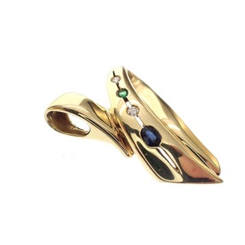 Gouden hanger met smaragd, saffier en diamant; 0,05 ct., Ophalen of Verzenden, Gebruikt, Goud, Overige merken