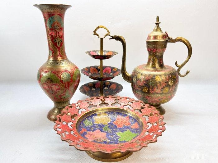 Theeservies (4) - Kashmir style - Messing - Fluorescerende, Antiek en Kunst, Curiosa en Brocante