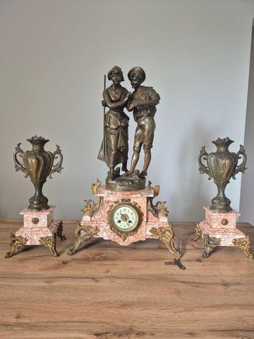 Figurale pendule, Klok en garnituur set (3) - Antiek Marmer,, Antiek en Kunst
