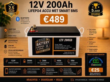 12V 200Ah LiFePO4 Smart BMS Bluetooth 2,5 Jaar Garantie, Ophalen of Verzenden, Nieuw