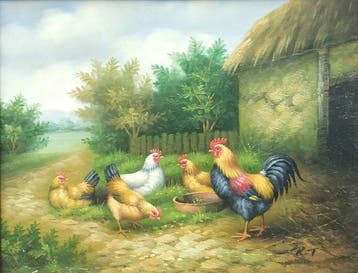 Nederlandse school (XX) - Kippen en een haan