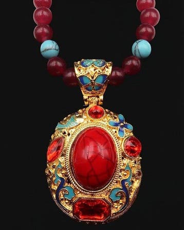 Howliet turquoise, robijn - Boeddhistische halsketting -