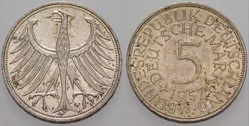 5 duitse Mark 1957 J 5 Mark Kursmunten Bondsrepubliek Dui..., Postzegels en Munten, Munten | Europa | Niet-Euromunten, Verzenden