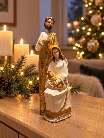 Beeld, Decoratieve kerstgroep – Heilige Familie in wit &
