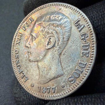 Spanje. Alfonso XII. 5 Pesetas 1877*77 DEM (Zonder