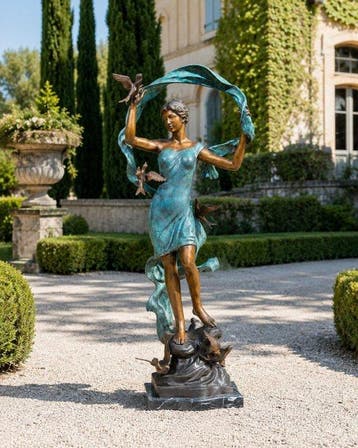 Beeld, XL Bronze: Dancing Lady with Birds - 159 cm - Brons -