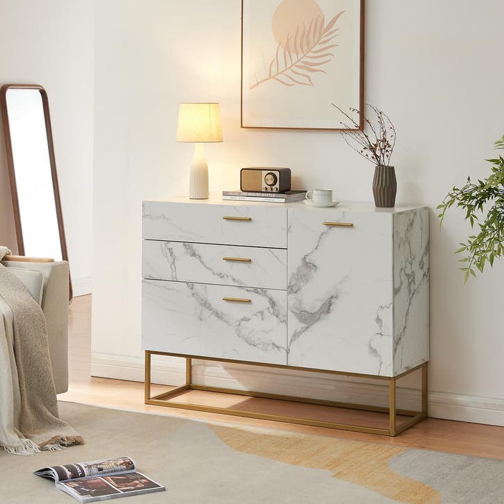 Sideboard Lavangen commode 75x100x35 cm marmerlook wit en go, Huis en Inrichting, Kasten | Dressoirs, Verzenden