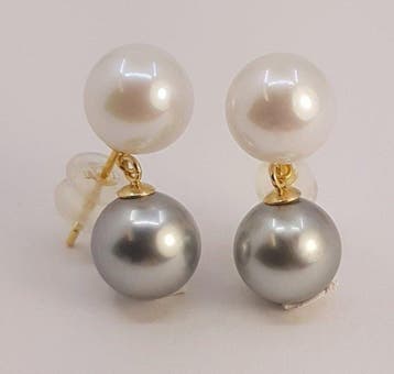 Oorbellen - 18 karaat Geel goud, Silvery Tahiti en White, Nieuw