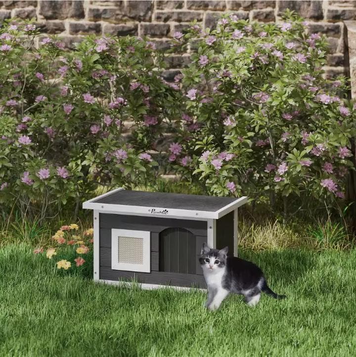 Kattenhuis Buiten –Houten Grot met Krabmat en Deurflap Grijs, Dieren en Toebehoren, Kattenmanden, Nieuw, Verzenden