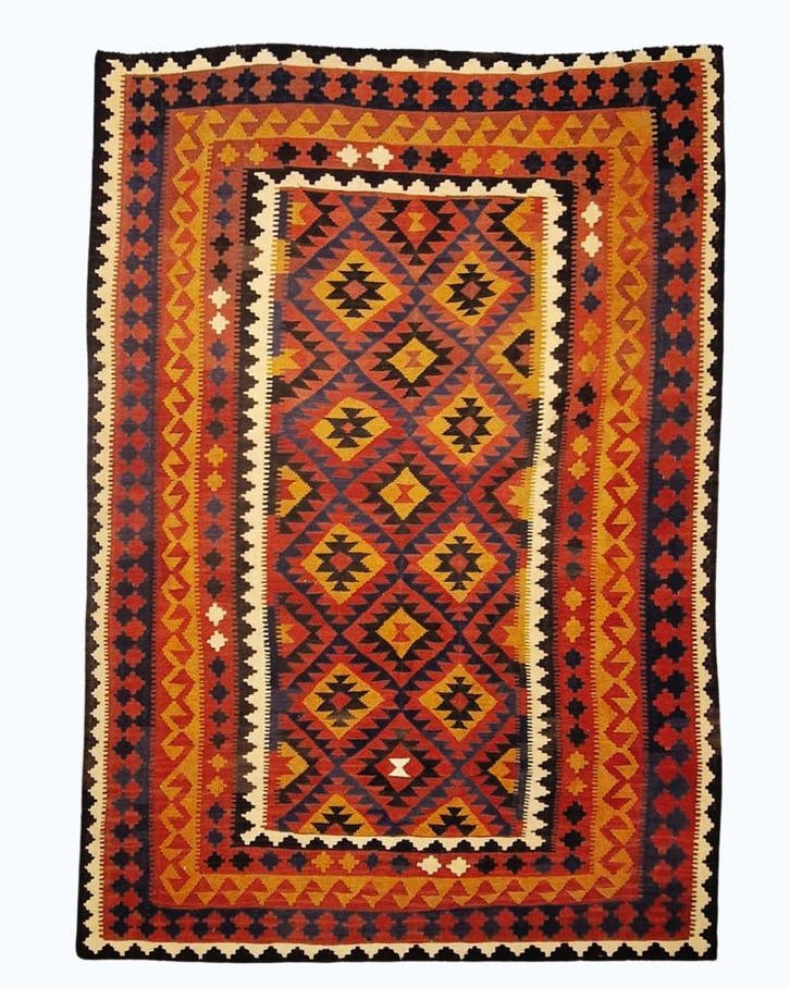 Grote Kelim Flatweave 300x200  wollen vloerkleed, Huis en Inrichting, Stoffering | Tapijten en Kleden, Beige, Blauw, Bruin, Crème