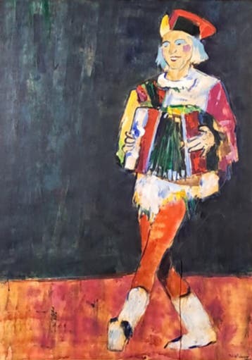 Acryl schilderij, Maya Wildevuur, Clown met harmonica