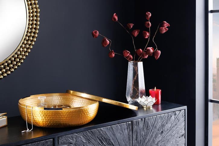 Handgemaakte schaal ORIENT 40cm goud metaal rond met deksel, Huis en Inrichting, Woonaccessoires | Overige, Ophalen of Verzenden
