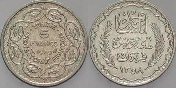 5 Francs 1939 (ah1358) Tunesien Ahmad Pasha Bey, Verzenden