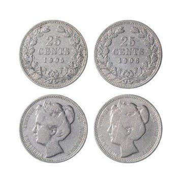 Nederland. Wilhelmina. 25 Cent 1905 & 1906 (2 opeenvolgende)