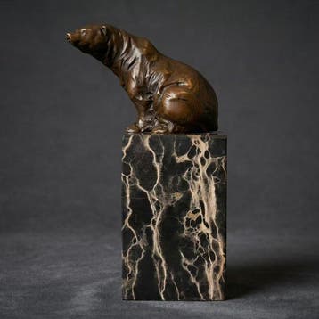 Beeld, Zittende beer - 22 cm - Brons, Marmer