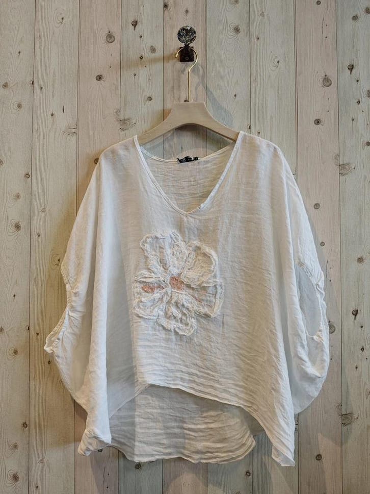 100% Linnen top blouse met prachtige bloem - oversized -, Kleding | Dames, T-shirts